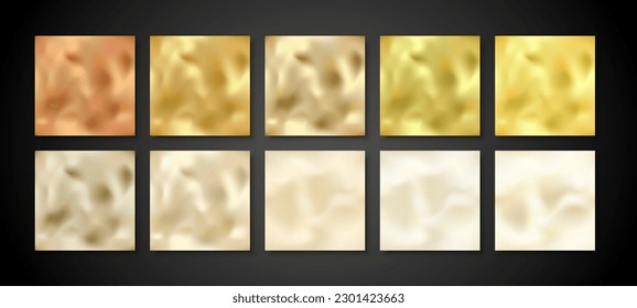 Shiny Gold seamless foil patterns set. Golden metallic backgrounds, elegant gradient mesh gold papers collection. Bronze, copper, white gold, brass, yellow metal design elements for web, decor, cover.