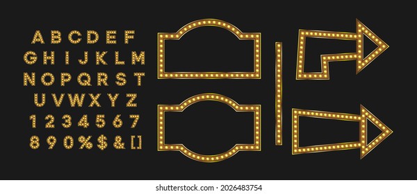 Shiny gold signboard and arrow for autumn fall sale banner. Marque alphabet for night club logo or event badge. svg