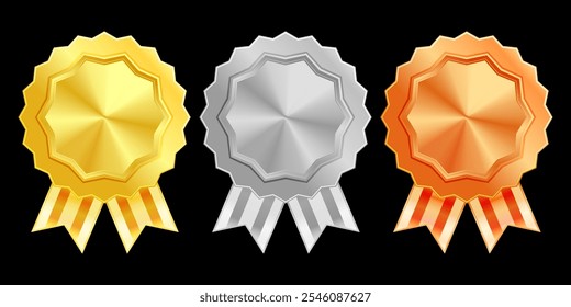 Medallas de oro brillante, plata y bronce con cintas de colores. Medalla de los ganadores y logros