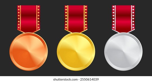 Medalhas brilhantes de ouro, prata e bronze com fitas coloridas. Medalha de vencedores e realizações