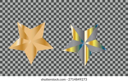 Oro brillante y plata cinco estrellas puntiagudas aisladas sobre un fondo transparente