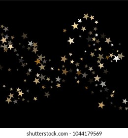 Shiny gold star dust sparkle vector background. Glitter confetti, shining sparkles pattern design on black. Glittering gold stars vector, tinsel lights background. Flyer backdrop.