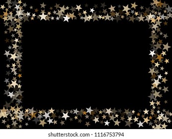 Shiny gold star dust sparkle vector frame border background. Glitter confetti, shining sparkles pattern design on black. Shining gold stars frame vector, tinsel lights background.