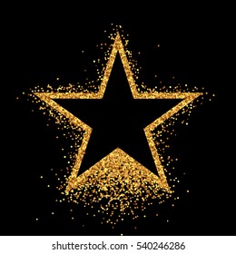 Shiny gold star on black background. Vector illustration.