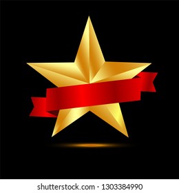 shiny gold star with ribbon vector 
