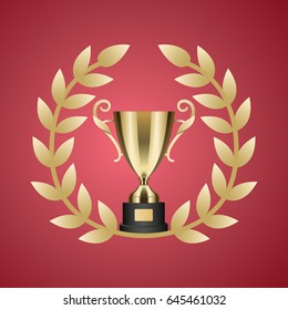 Shiny gold trophy cup for first place in tournament on stand and big laurel wreath on red background vector illustration.