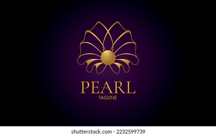 Shiny gold vector pearl logo in oyster shell; Jewellery logo for brand; Pearl logo