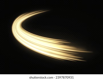 Shiny gold wave design element. Golden wave with gold glitter effect on black background. Curved metal wave, 3d element in dark space.