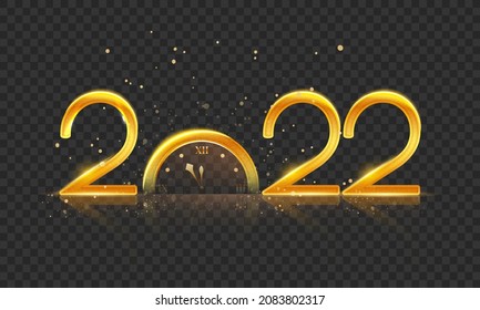 Shiny Golden 2022 Number With Half Clock On Black Png Background For Happy New Year.