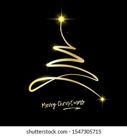 Shiny golden abstract christmas tree on black background - vector illustration