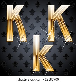 Shiny golden alphabet on a chic victorian background. Character k