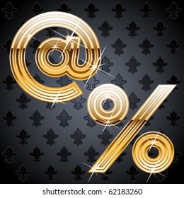 Shiny golden alphabet on a chic victorian background.  Symbols