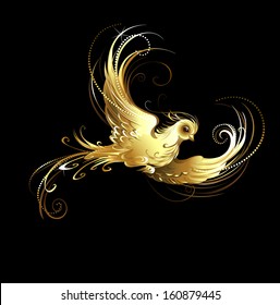 Shiny, Golden, Artistically Painted Bird On Black Background.