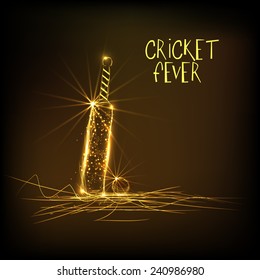 Shiny golden bat with ball on brown background for Cricket Fever.