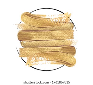 Shiny golden brush strokes in a round frame on a white background.
Art illustration of abstract texturing.