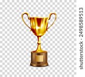 Shiny golden champion cup,winner prize. Trophy cup isolated on transparent background. Vector realistic 3d illustration. Champion trophy. Sport award