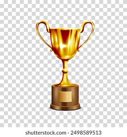 Shiny golden champion cup,winner prize. Trophy cup isolated on transparent background. Vector realistic 3d illustration. Champion trophy. Sport award