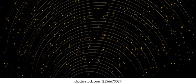Shiny golden circular lines and small dots abstract geometric luxury banner design. Minimal vector background