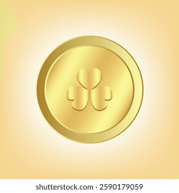 Shiny golden coin with an embossed shamrock in the center, perfect for St. Patrick’s Day themes