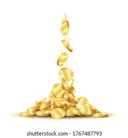 Shiny Golden Coins fall from the top to form a mound of coins. Concept of sudden profit, success, or inheritance. Vector illustration isolated on white background