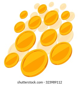 Shiny golden coins falling on white background.