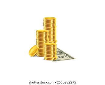 Brillantes Monedas de Oro Torre Dinero Fondo Blanco Inversión. Monedas de oro Pilas Fondos de oro Dinero. Vector de la Torre de las Monedas de Oro | Ilustración de dinero apilado para inversión y finanzas