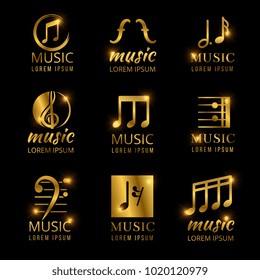 Shiny golden color music logos set isolated on black. Vector illustration