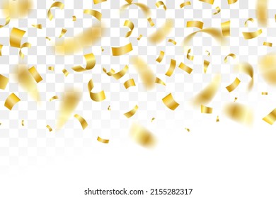 Shiny golden confetti falling from above against a transparent background. Festive decoration or decor element for a party, birthday, Christmas or New Year event. Realistic 3D vector illustration
