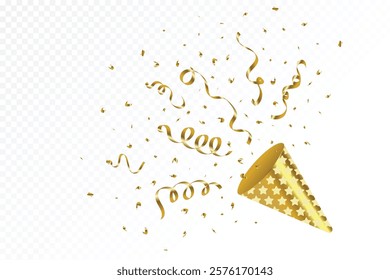 Shiny golden confetti and ribbon explode from a party popper on a white background. Confetti and Tinsel for anniversary, birthday, festival, and holiday celebration decor. Confetti and ribbon vector.