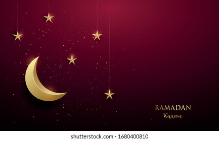 Shiny golden crescent and shiny stars on dark red background or the occasion of Muslim celebrate Ramadan Kareem. Vector greeting banner. 