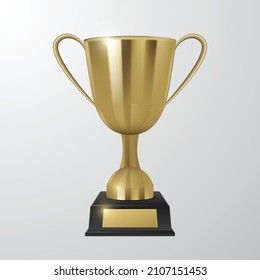 Shiny golden cup on a black pedestal, vector illustration of golden award on a plain background