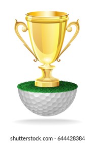 Shiny Golden Cup Trophy On Golf Ball. Vector Isolated Illustration On White Background