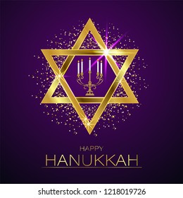 Shiny golden david star and candelabra with glittering effect, Happy Hanukkah greeting card design.