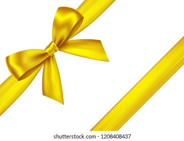 Shiny golden decorative  gift ribbon and bow for decor of corner. Holiday decoration isolated on white background. Vector gold design  element  for banner, greeting card, poster.