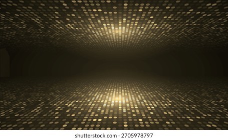 Pontos dourados brilhantes criam um túnel abstrato brilhante com luz digital e profundidade