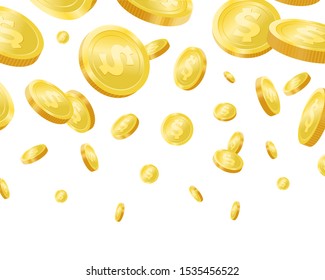 Shiny golden falling coins realisitc vector background. Metal cash rain. Yellow pieces of money on white backdrop. Finance system, wealth and prosperity, jackpot and success concept