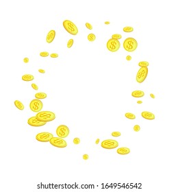 Shiny golden falling coins vector background.  Yellow pieces of money on white backdrop.  