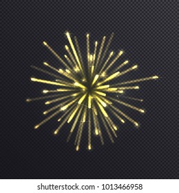 Shiny golden firework isolated on transparent background. Vector illustration of glowing flash effect can be used for celebration card, banner or background creation.