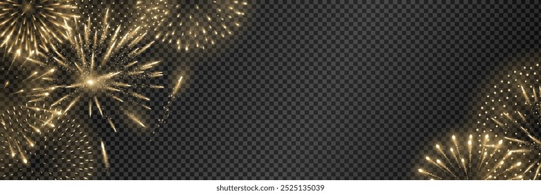 Shiny golden fireworks explosion isolated. Holiday decoration for Christmas and New year party. Festive background for birthday invitations, wedding, diwali banners. Easy to change colours. Vector.