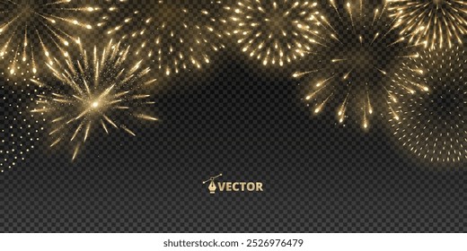 Shiny golden fireworks explosion isolated. Holiday decoration for Christmas and New year party. Festive background for birthday invitations, wedding, diwali banners. Easy to change colours. Vector.