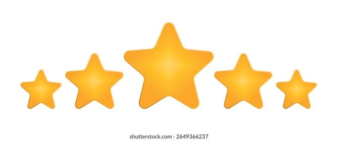 Shiny golden five star rating vector with central large star, review icon for client feedback, premium quality mark, reputation symbol, glowing star set on transparent background, illustration rating