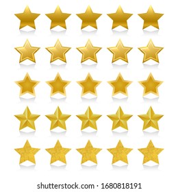 Shiny golden five stars. Vector gold 5 star award for certificate or winner sign isolated on white background