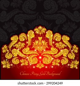 Shiny golden flowers and leaves of peony on red background. Hand draw element of china style
