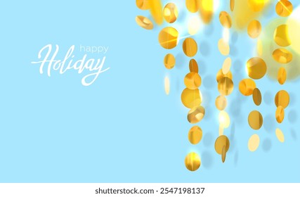 Shiny golden garlands on a blue background. Holiday decor in a realistic style. Festive confetti and tinsel. Vector illustration