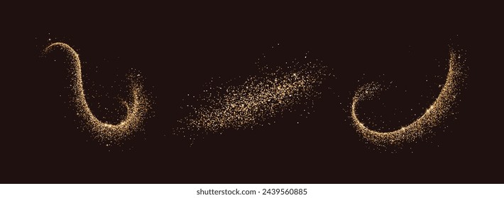 Shiny golden glitter patterns realistic vector illustration set. Brilliant fairy dust trails 3d elements on black background collection