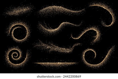 Shiny golden glitter patterns realistic vector illustration set. Brilliant fairy dust trails 3d elements on black background collection