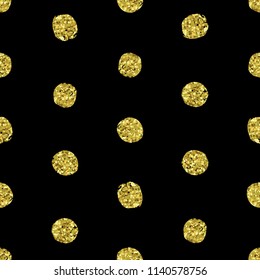 Shiny golden glitter seamless pattern with confetti spots on black background. 