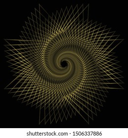 Shiny golden gradient spiral shape on dark black background useful for wallpapers, luxury decoration, web page background, logo, label or abstract artwork.
