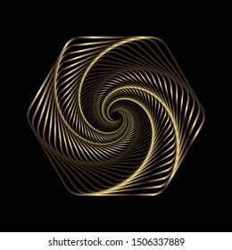 Shiny golden gradient spiral shape on dark black background useful for wallpapers, luxury decoration, web page background, logo, label or abstract artwork.