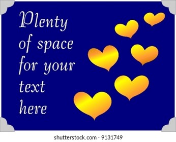 Shiny golden graphics hearts falling from the sky at a dark blue background. Illustration mounted with old-fashioned retro-style photo corners.